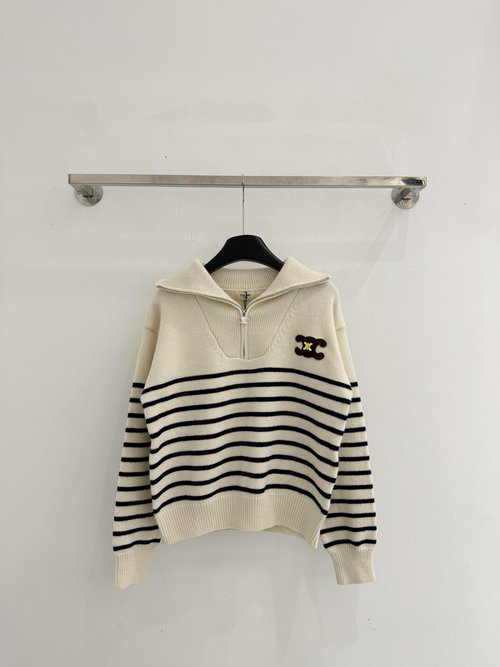 Celine Soft and Warm Half-Zip Collar Striped Knit Sweater