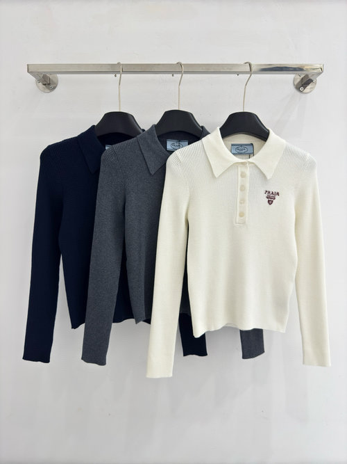 Prada Long Sleeve Knit Polo Shirt with Ribbed Collar