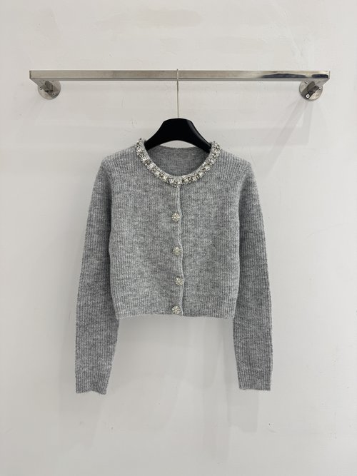 Self-Portrai Elegant Plain Knit with Sparkling Collar and Buttons