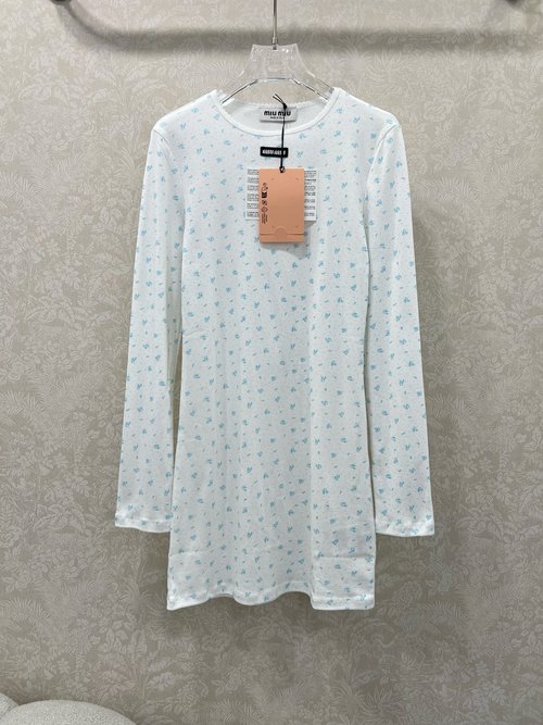Miu Miu Cotton Ruffled Collar Polka Dot Dress with Letter Logo, Slim Fit