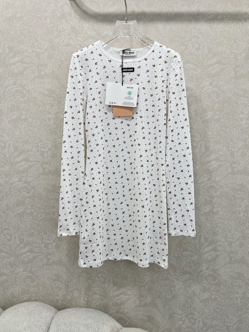 Miu Miu Cotton Ruffled Collar Polka Dot Dress with Letter Logo, Slim Fit