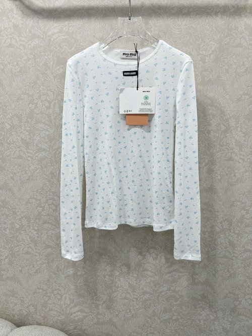 Miu Miu Cotton Ruffled Collar Polka Dot Top with Letter Logo, Slim Fit