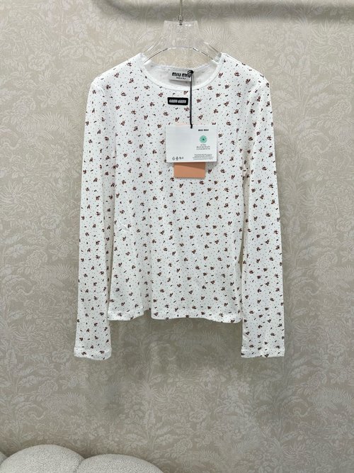 Miu Miu Cotton Ruffled Collar Polka Dot Top with Letter Logo, Slim Fit