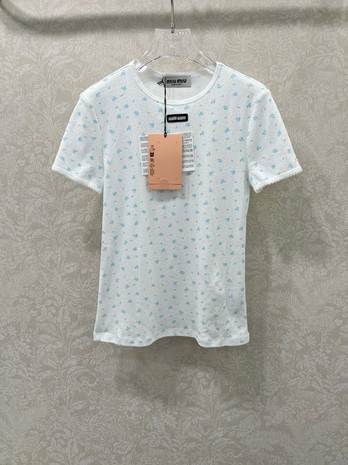 Miu Miu Classic Cotton Round Neck Floral Short Sleeve T-Shirt with Logo, Slim Fit