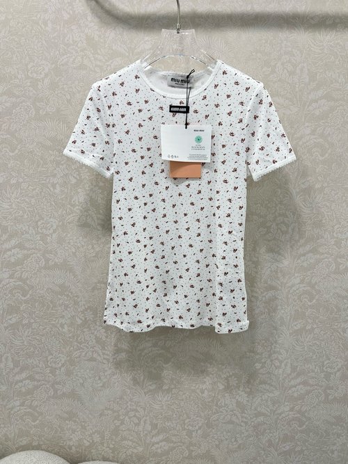 Miu Miu Classic Cotton Round Neck Floral Short Sleeve T-Shirt with Logo, Slim Fit