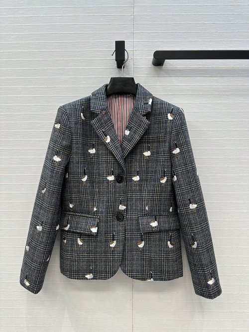 The Row Chic Checked Blazer with Goose Embroidery and Striped Lining