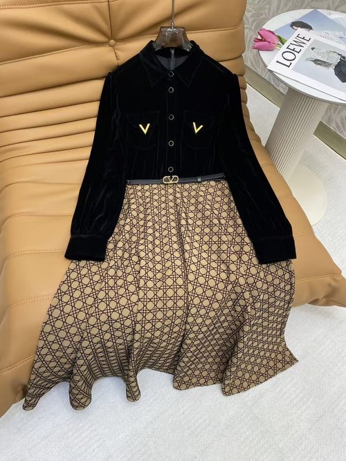 Valentino Velvet Dress with Geometric Prints and Gold-Black Tone, Luxurious