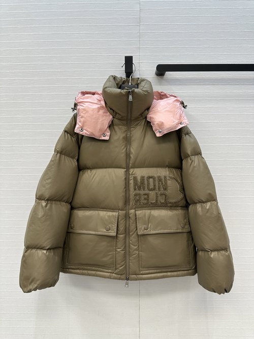 Moncler Detachable Hood Down Jacket with Flocked Embroidery and Contrasting Design