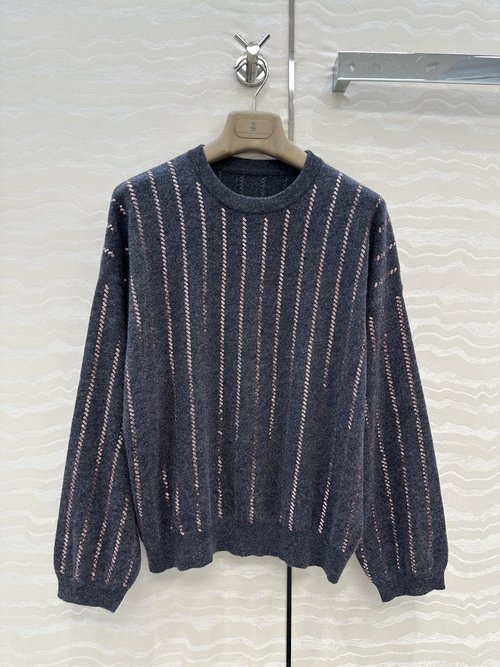 Brunello Cucinelli Luxurious Striped Beaded Drop-shoulder Cashmere Top with Embroidery