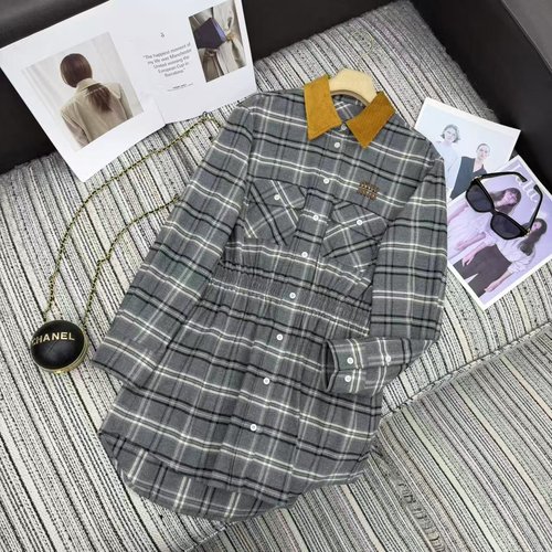Miu Miu Early Collection: Contrast Corduroy Collared Checkered Shirt Dress with Elastic Waist