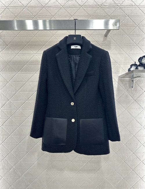 Fendi Imported Woolen Blazer with Leather Pockets and Double F Lining