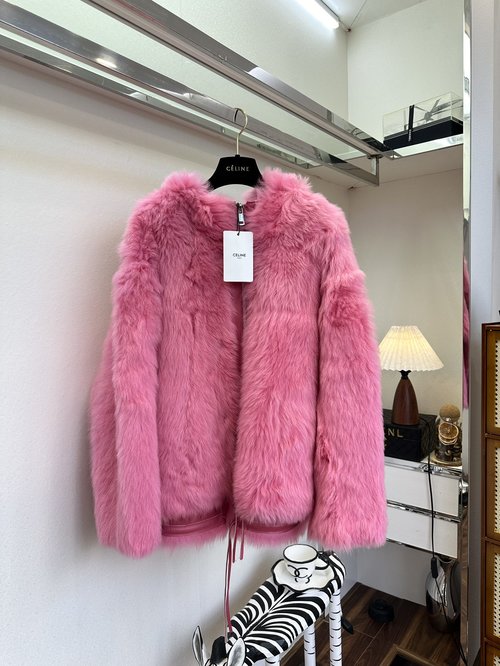 Celine Stylish Tuscan Sheepskin Fur Coat with Hood and Broad Silhouette