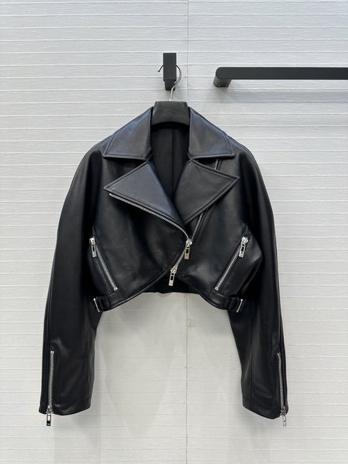 Alaia Stylish Ultra-short Leather Motorcycle Jacket, Triangular Design