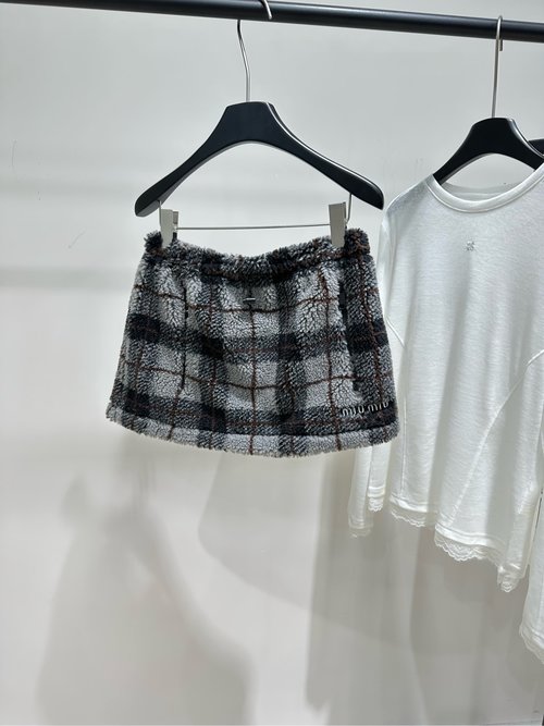 Miu Miu Grey-Black Checked Faux Lamb Wool Skirt for Soft Comfort