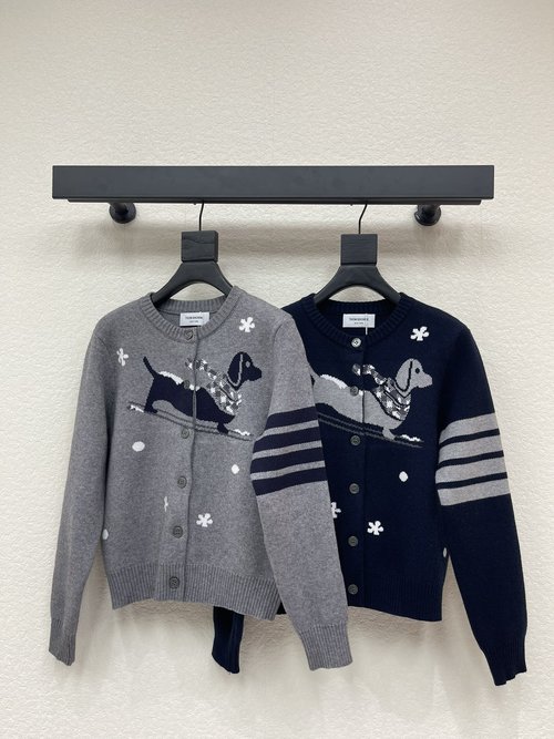 Thom Browne Knitted Cardigan with Dog Pattern and Retro Details