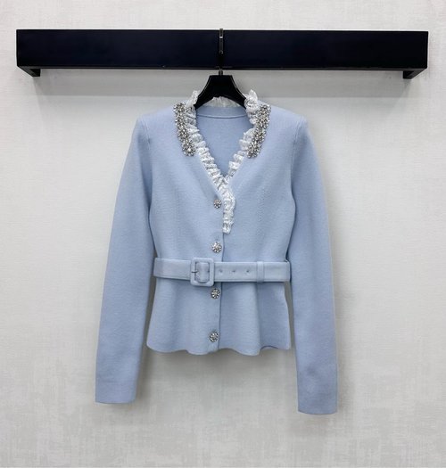 Self-Portrai Beaded Lace Knit Cardigan with Flower Buttons and Belt