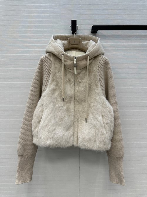 Brunello Cucinelli Luxury Mink and Goose Down Hooded Coat with Knit Sleeves