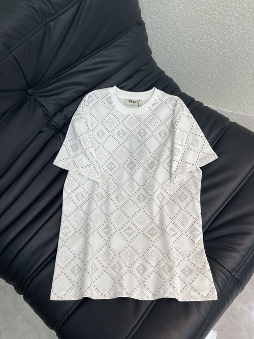 Fendi Round-Neck Printed Diamond Short-Sleeve Tee with Double F Pattern