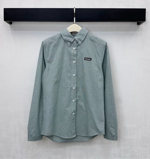 Miu Miu Cotton Plaid Shirt Featuring Academic Style Logo