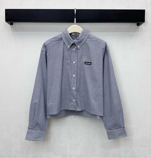 Miu Miu Short Cotton Plaid Shirt with Academic Style Branding