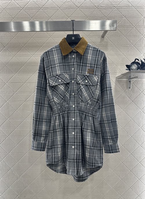 Miu Miu Checked Waist-Contracted Cotton Wool Shirt Dress with Logo
