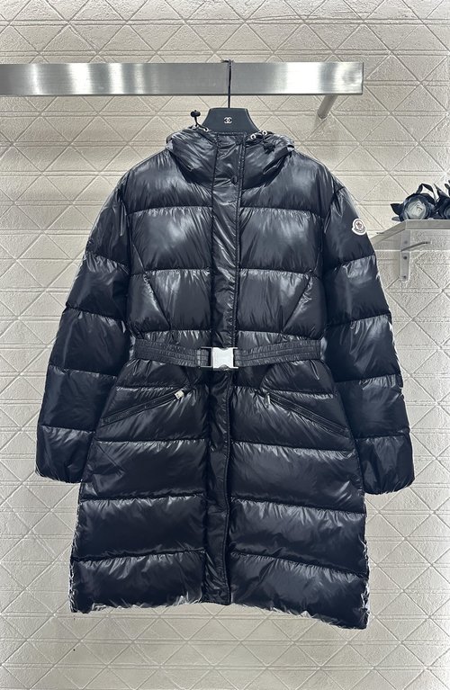 Moncler Long Down Coat with Hood, Waistband, and Concealed Zipper Design