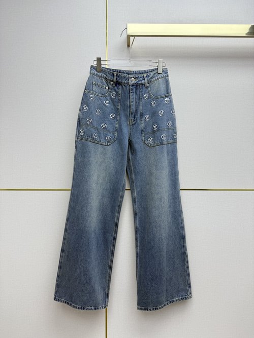 Louis Vuitton Denim Wide-Leg Pants with Pocket Sequin Decoration