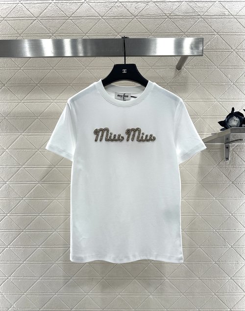 Miu Miu Classic Cotton Short Sleeve T-Shirt with Beaded Logo in Two Colors