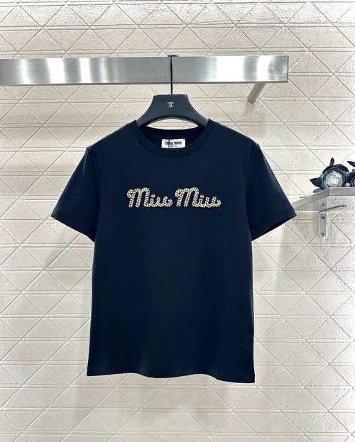 Miu Miu Classic Cotton Short Sleeve T-Shirt with Beaded Logo in Two Colors