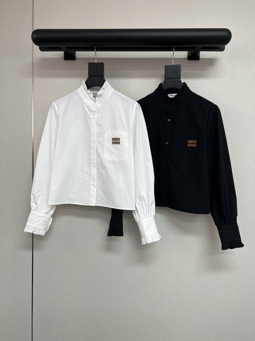 Miu Miu Stand-Collar Ruffled Blouse with Letter Micro-Logo and Graceful Sleeves