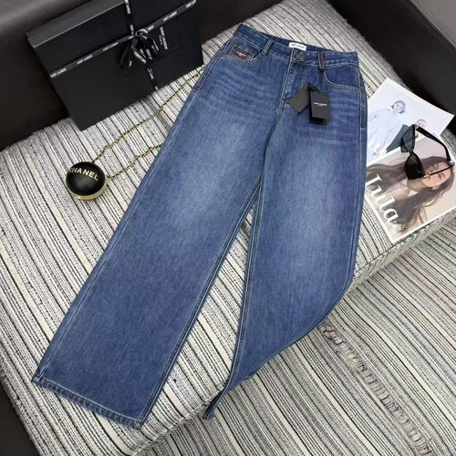 Yves Saint Laurent Timeless Denim Straight Leg Pants with Warm Lining and Letter Print Leather Tag