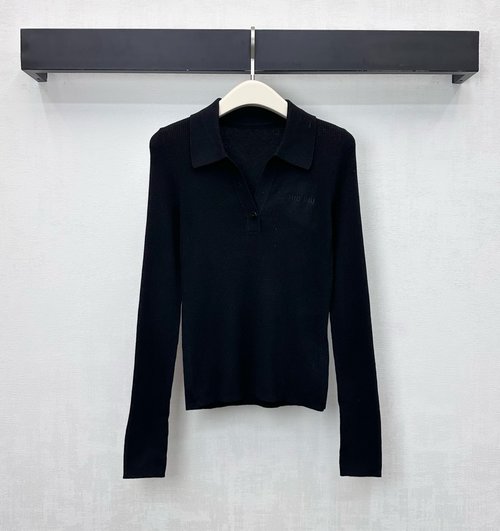 Miu Miu Flip-Neck Logoed Knitted Top with Embroidered Logo