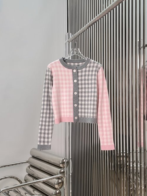 Thom Browne Pink Checkered Knitted Cardigan