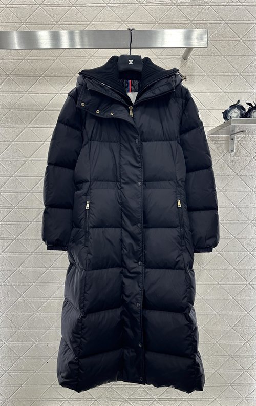 Moncler Hooded Waist-Defining Long Down Coat with Arm Badge
