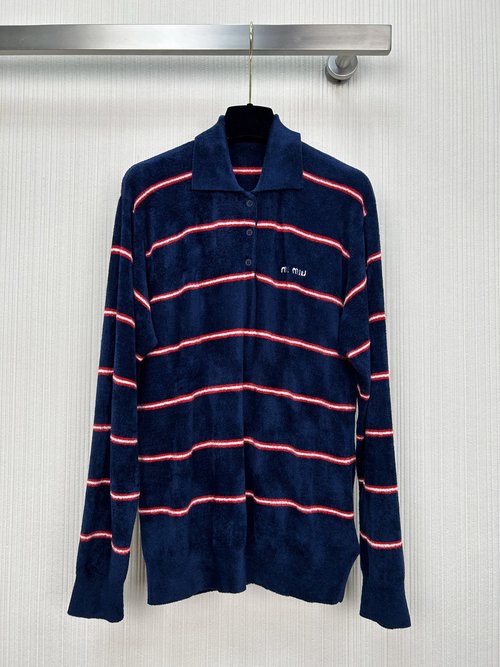 Miu Miu Soft Stripe Polo Long - Sleeved T - Shirt in Versatile Colors