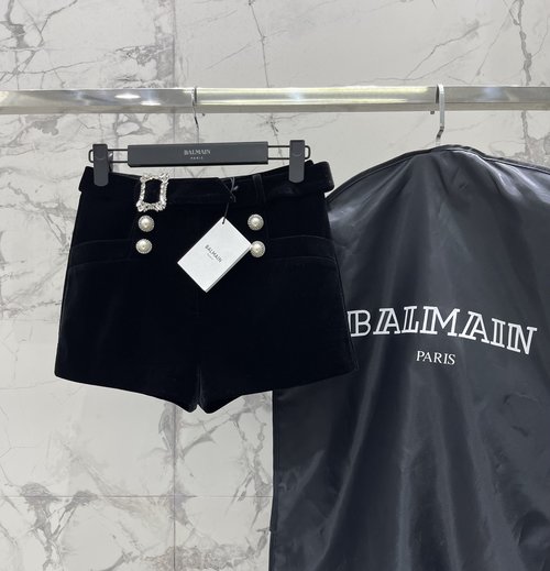 Balmain High-waisted Velvet Shorts with Metal Pearl Buckles for an Elegant Look