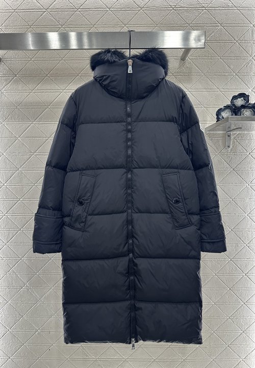 Moncler Faux Two-Piece Long Down Coat with Removable Fur Collar