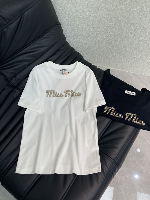 Miu Miu Beaded and Studded Short-sleeved T-shirt, Stylish and Comfortable
