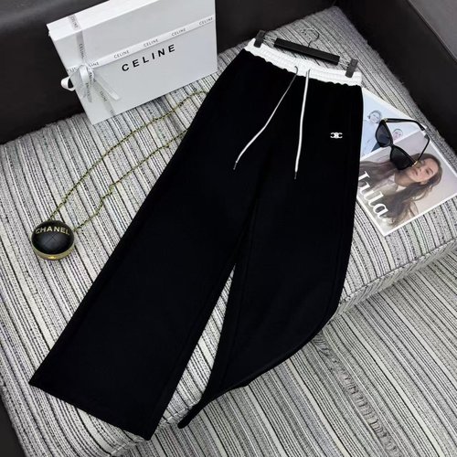 Celine CEL New Triumph Arch Embroidered Logo Color-blocked Elastic-waist Wide-leg Trousers