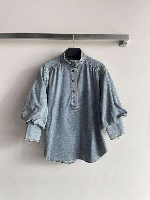 Loro Piana Stand-Collar Denim Shirt with Golden Logo Buttons and Lantern Sleeves