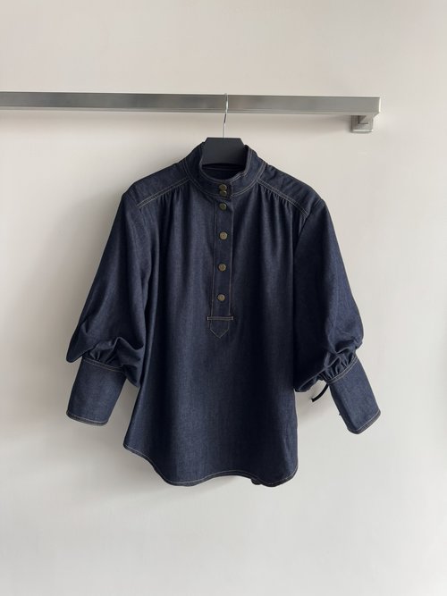 Loro Piana Stand-Collar Denim Shirt with Golden Logo Buttons and Lantern Sleeves