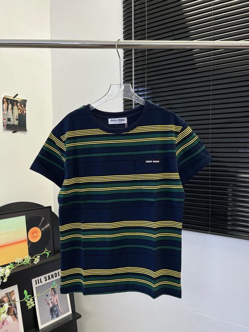 Miu Miu Exclusive Cotton Short Sleeve T-Shirt with Pocket Letter and Stripe