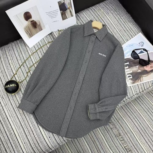 Miu Miu Long Wool Fleece Shirt with Brand Logo, Suitable for Layering