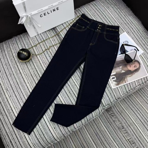 Celine High-waisted Skinny Jeans with Arch Metal Decoration, Warm and Elegant