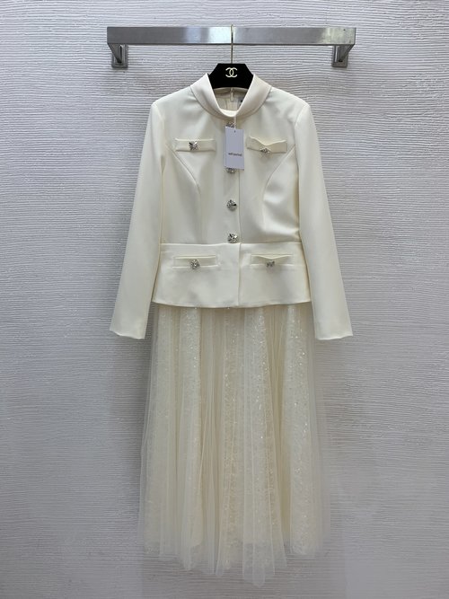 Self-Portrai Luxury Sequin Dress with Diamond Buttons and Waist Splicing