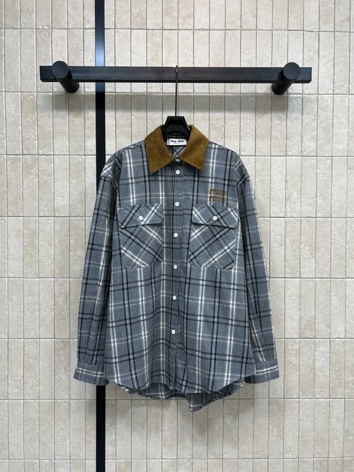 Miu Miu Vintage Gray Plaid Shirt with Embroidered Emblem for General Use