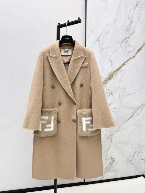 Fendi F-Pocket Decorated Mink Coat with Hand-stitched Design
