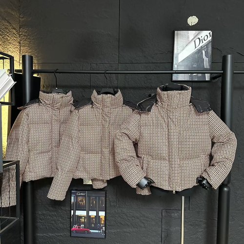 Moncler Short Down Jacket in H - Shape, with Plaid Pattern and Leather Velvet