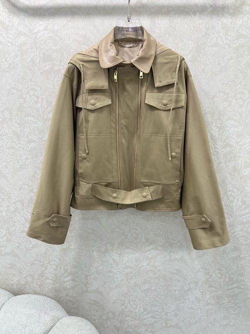 Fendi Double-Zipper Workwear Jacket with Leather Collar