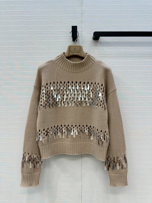 Brunello Cucinelli Handmade Beaded Cashmere Short Sweater, Made of Imported Cashmere Yarn with Loose Fit